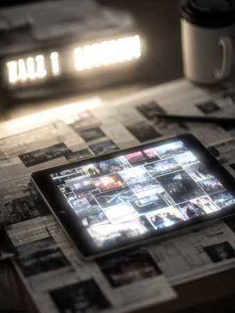 A tablet shows multiple images while placed on a messy table with newspapers and a coffee cup, illuminated by a soft light creating a cozy atmosphere.の素材