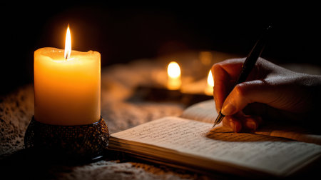 A hand is seen writing in a notebook illuminated by a soft candlelight, creating a warm and peaceful ambiance perfect for reflection and creativity.の素材