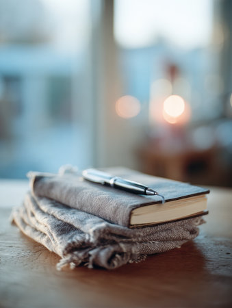 A beautifully arranged notebook with an elegant pen sits atop a fabric, surrounded by soft, blurred lights, creating a warm indoor atmosphere.の素材