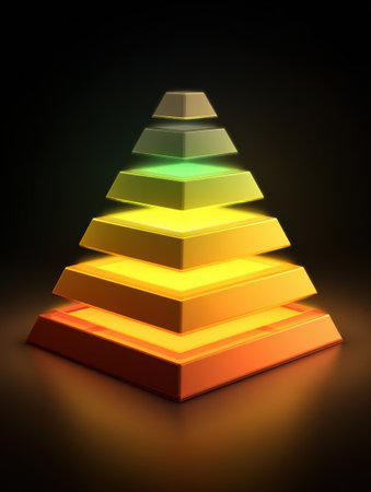 A vivid pyramid structure composed of various colored layers glows brightly against a dark background, showing a captivating visual experience.の素材