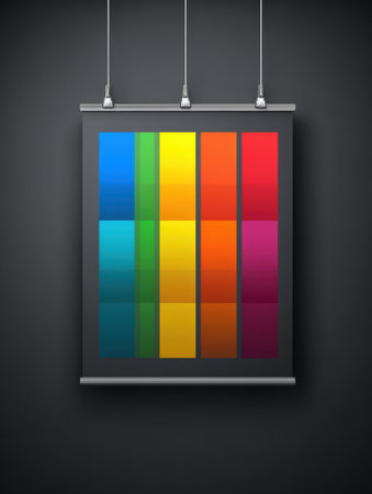 Vibrant abstract artwork featuring stripes of colors hangs in a modern gallery. Visitors admire the visual contrast under soft lighting.の素材