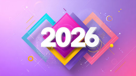 The vibrant design features the number 2026 in bold letters against a gradient background, symbolizing optimism and future possibilities in a colorful manner.の素材