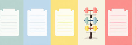 Colorful clipboards arranged neatly alongside a decorative weight rack filled with vibrant dumbbells in a clean fitness environment.の素材