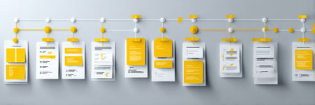 Visual representation of a workflow featuring color-coded steps and organized components on a neutral background, showing efficient process management.の素材
