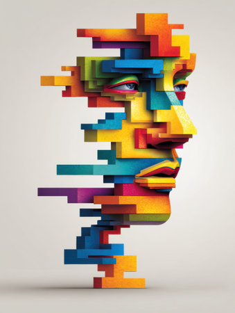 A striking abstract sculpture, composed of vibrant, geometric blocks arranged to form a stylized human face, set against a plain backdropの素材