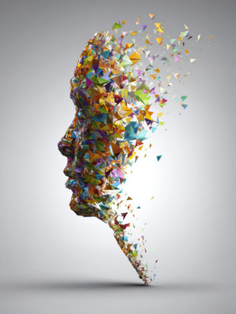 An artistic interpretation features the silhouette of a human face made from a vibrant assortment of triangular shapes, suggesting movement and transformation.の素材