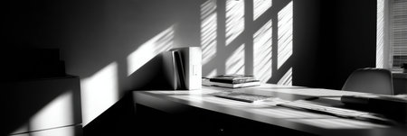 Sunlight filters through blinds, creating striking shadows on a clean office desk. A chair and stacks of books add to the serene workspace ambiance.の素材
