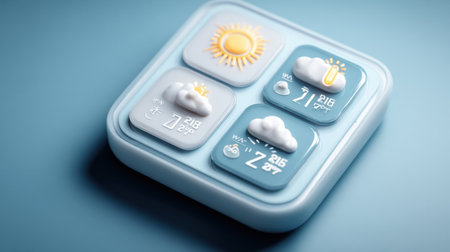 Forecast highlights sunny weather interspersed with clouds and varying temperatures over the week, presented in a sleek and colorful dashboard layout.の素材