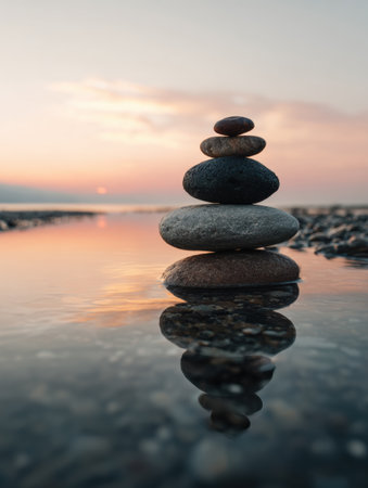 Peaceful moment captured as stones are stacked on a riverbank during sunset, reflecting on the still water and enhancing the tranquil environment.の素材