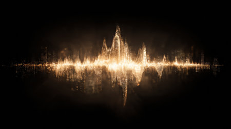 Stunning depiction of sound waves with bright peaks and valleys against a black background, illustrating the intricate nature of audio frequencies and rhythms.の素材