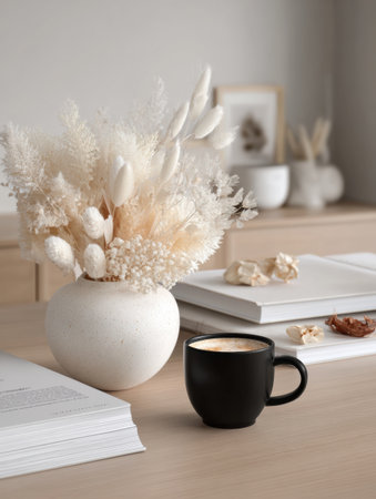 Elegant arrangement featuring a decorative vase with dried flowers next to a black coffee cup on a minimalist table with books and art pieces.の素材