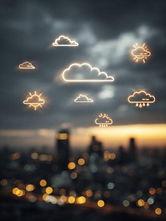 Glowing weather icons float above a blurred city skyline at dusk, showcasing various weather conditions like clouds, sunshine, and rain amid city lights.の素材