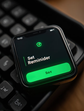 Smartphone shows reminder app interface with a green button while placed on a black keyboard in a cozy workspace environment.の素材