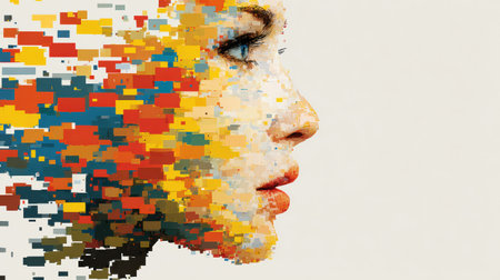 A vibrant portrait illustrates a side profile with a blend of colorful pixels creating an abstract effect, showcasing digital artistry and creativity.の素材