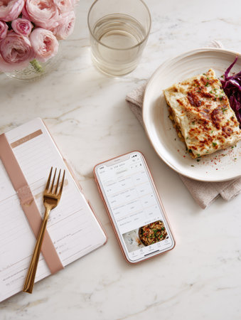 Lunch setting features a delicious meal on a plate, a smartphone with a recipe displayed, a stylish planner, and a glass of water beside fresh flowers.の素材