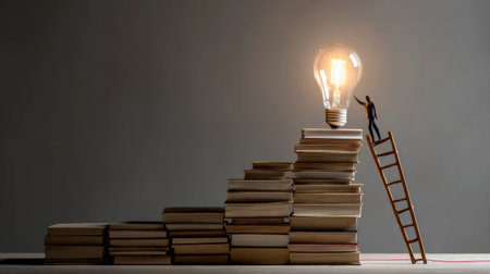 Miniature figure ascends a stack of books using a ladder, reaching for a glowing light bulb that represents ideas and inspiration in a creative workspace.の素材