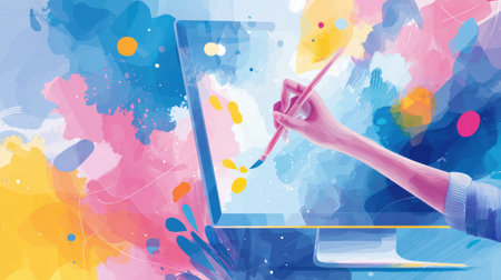 Artist engages in digital painting on a computer, surrounded by colorful splashes of paint, showing creativity and modern artistry in progress.の素材