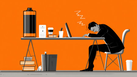 A person sits at a desk with a drained battery icon, looking exhausted from work. The bright orange background adds a sense of urgency to the scene.の素材
