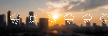 A vibrant sunset illuminates a city skyline while various weather icons indicate potential rain and sun. The scene captures changing weather patterns.の素材