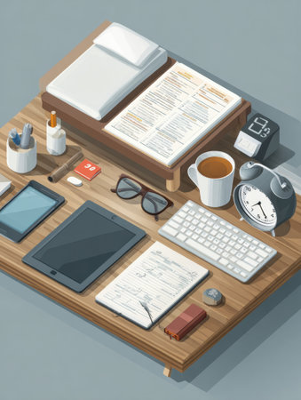 Tidy workspace features a wooden desk with documents, a tablet, an alarm clock, and a cup of coffee, illustrating an organized work environment.の素材