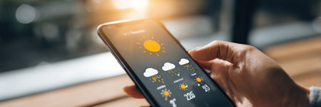 Individual monitors the weather forecast on a smartphone while sitting at a cafe, enjoying the sunny weather and planning for future activities.の素材