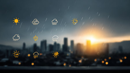 A skyline is illuminated by a sunset, with various weather icons indicating sun, rain, and clouds, showing changing conditions over the city.の素材