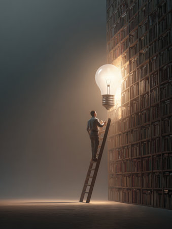 A figure ascends a ladder reaching for a glowing light bulb, symbolizing inspiration and discovery amidst a towering wall of books in soft morning light.の素材