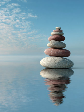 Stacked stones create a peaceful scene as they gently reflect in still water with soft clouds visible in the background and a serene atmosphere.の素材