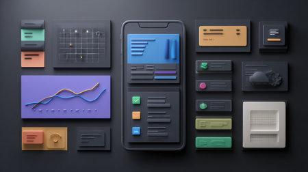 A collection of user interface components is arranged on a dark surface, featuring different textures, colors, and shapes to emphasize modern design principles.の素材