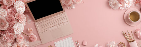 Workspace features a modern laptop, delicate pink flowers, a cup of tea, and stationery, creating a serene and inspiring atmosphere for creativity.の素材