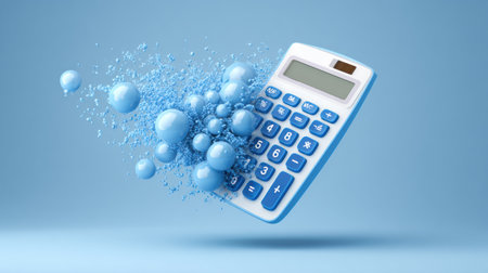A calculator is depicted in mid-air, surrounded by floating blue bubbles, creating a whimsical and engaging atmosphere against a soft backdrop.の素材