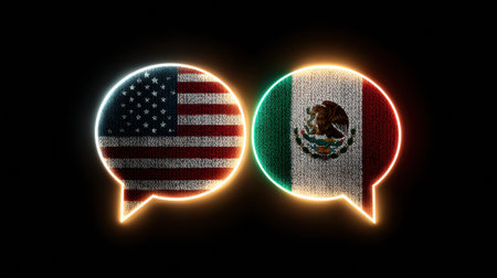 Two speech bubbles filled with binary code feature the flags of the US and Mexico, symbolizing digital communication and cultural connection.の素材