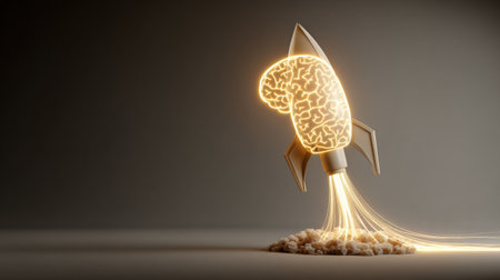 A unique rocket designed like a brain lifts off from a base of popcorn, representing the fusion of creativity and technology in a simple, artistic manner.の素材