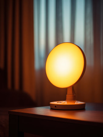 A softly glowing lamp sits on a table, casting warm light in a peaceful room as sunlight filters through the curtains at dusk.の素材
