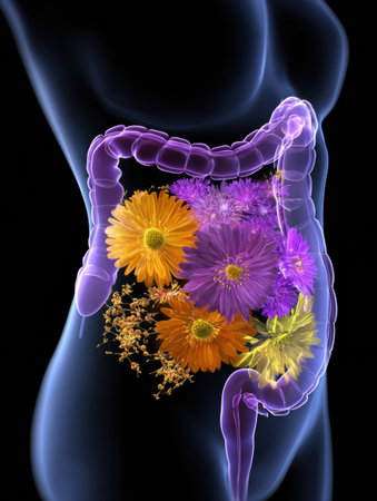 A creative visualization of vibrant flowers growing inside a translucent human digestive system, symbolizing health and vitality in the body.の素材