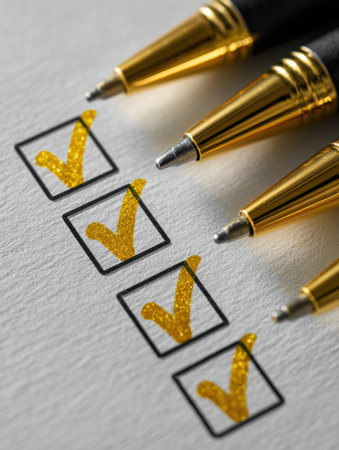 Metallic pens line a checklist filled with gold checkmarks, symbolizing completed tasks in a well-organized and creative workspace setting.の素材