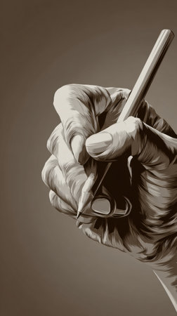 A close-up view of a hand gripping a pen, ready to write, against a brown background that emphasizes the focus on creativity and artistic expression.の素材