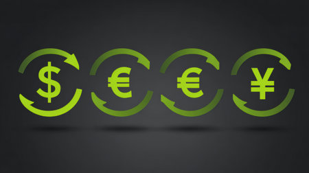 Four currency symbols arranged in a circular pattern illustrate the concept of currency exchange and international finance in a digital style.の素材
