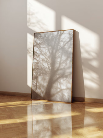 Sunlight streams through the window, creating intricate tree shadows on a wall and a framed surface, adding depth to the peaceful indoor setting.の素材