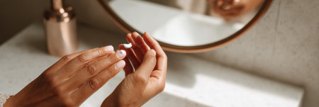 Hands gently apply cream while facing a round mirror in a stylish bathroom, creating an atmosphere of self-care and beauty routine.の素材