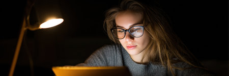 Focused young woman engages with study materials illuminated by a warm desk lamp, creating a peaceful atmosphere during late-night study session.の素材