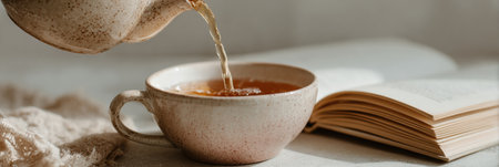 A warm cup of tea is being poured from a ceramic teapot into a delicate porcelain cup next to an open book in a serene indoor space, creating a cozy atmosphere.の素材