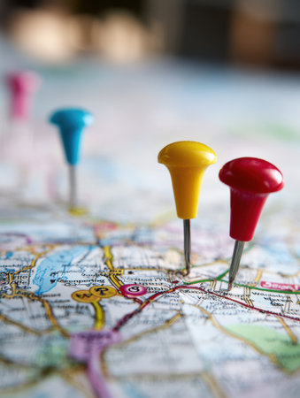 Brightly colored pushpins highlight specific spots on a detailed map, indicating locations during a travel planning session in a cozy indoor setting.の素材