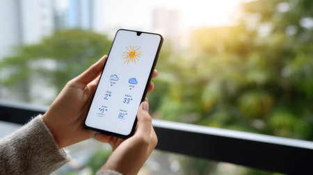 Individual holds a smartphone displaying a weather app with sunny and cloudy forecasts, enjoying a sunny day outdoors from inside a building.の素材