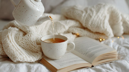 Warm tea is poured into a cozy cup beside an open book, draped on a soft knitted blanket, creating a peaceful reading atmosphere.の素材