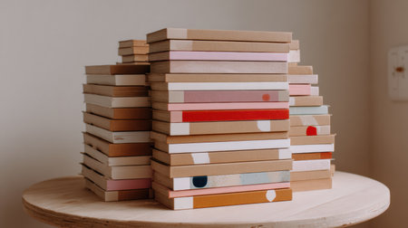 A collection of neatly stacked books with bright, colorful covers is displayed on a wooden table in a warm and inviting room filled with natural light.の素材