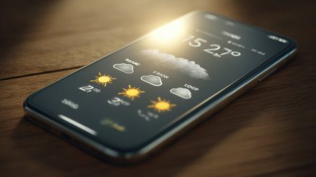A smartphone shows a detailed weather forecast with temperatures and conditions, resting on a wooden table, ideal for morning planning and activities.の素材