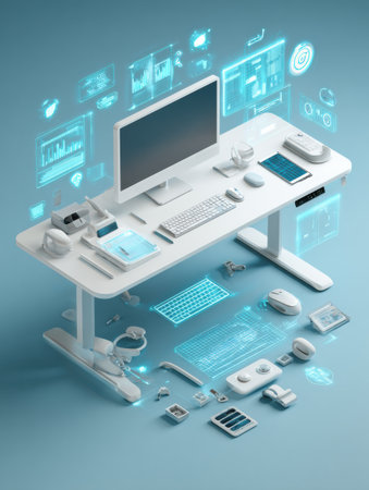 A sleek desk is organized with a computer, peripherals, and various tech gadgets, creating a futuristic workspace filled with digital elements.の素材
