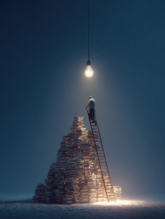 A person sits on a ladder, engrossed in reading a book perched on a towering stack of books. A single light bulb illuminates the scene.の素材