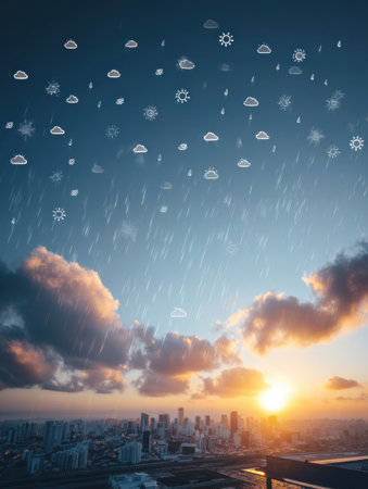 Bright sunset illuminates a city skyline while animated weather icons depict rain and snow in the sky above, creating a vibrant urban atmosphere.の素材